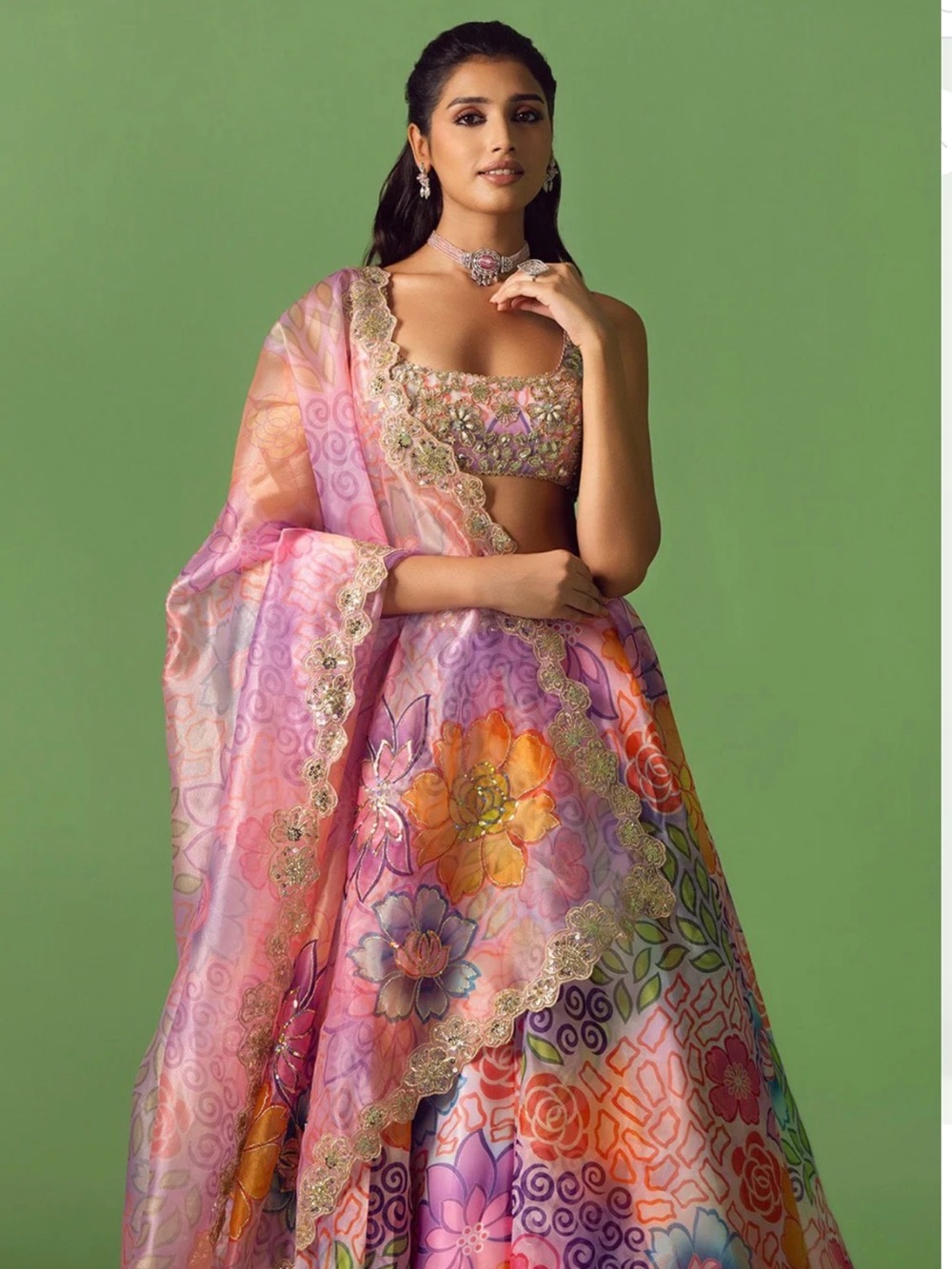 Floral Multi-Color Printed Lehenga Skirt + Top w/ shawl - Picture 3 of 5